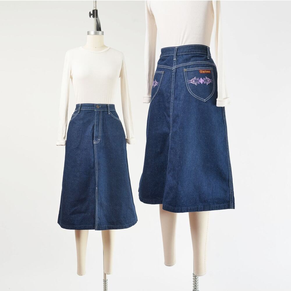 Vintage 80s Dark Wash Denim Pencil Skirt with Embroidered Pockets size M